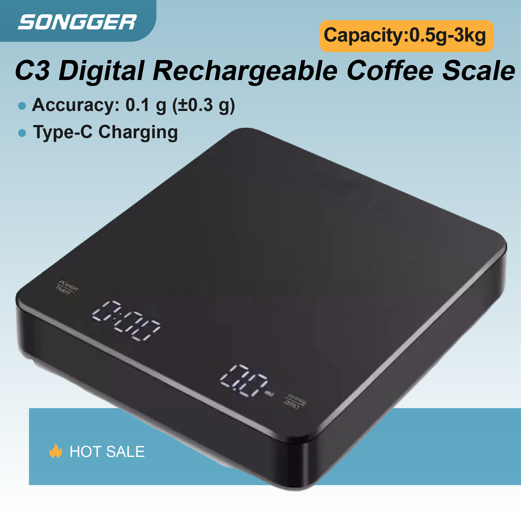 タイマー付き充電式デジタルコーヒースケール 0.1g 精度 3kg 容量タイプ C 充電スマートエスプレッソスケール家庭用バリスタ用