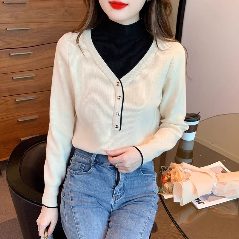 Contrast Patchwork Fake Two-piece Elegant Sweaters Women Clothing Autumn Winter Long Sleeve Vintage Pullovers Top Fashion Office