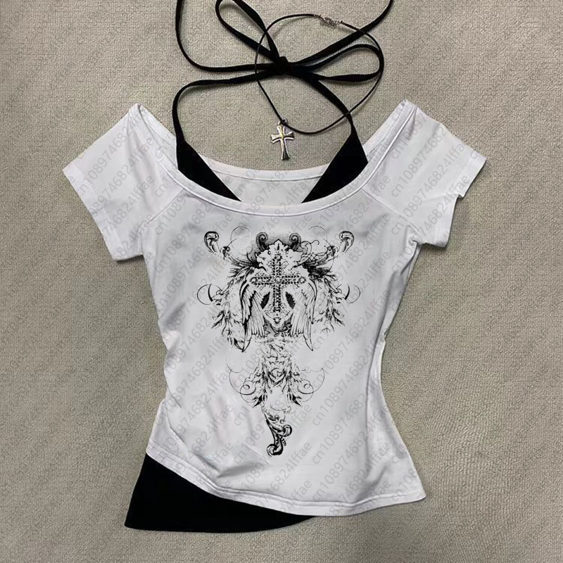 Y2k 美的パターンヴィンテージベーシック Tシャツレディース服レトログラフィックトップ半袖カジュアル Tシャツ女性のためのミレニアムスタイル