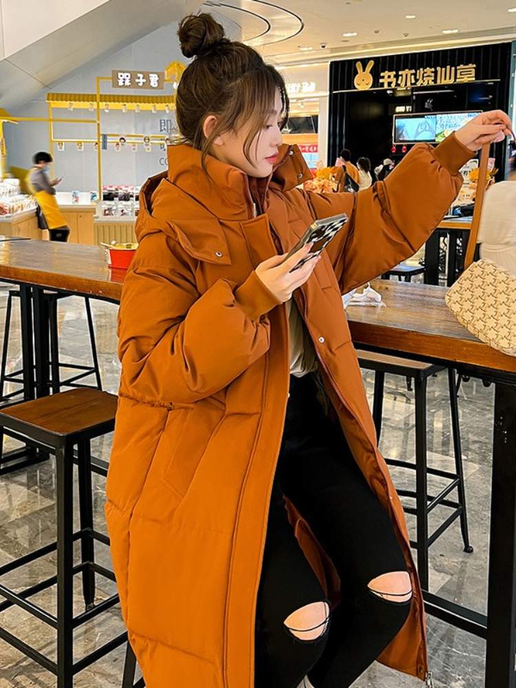ロング肥厚ダウン綿パンスタイルコート女性の冬 2026 アウター韓国ルーズロング膝丈固体フード付きジャケット