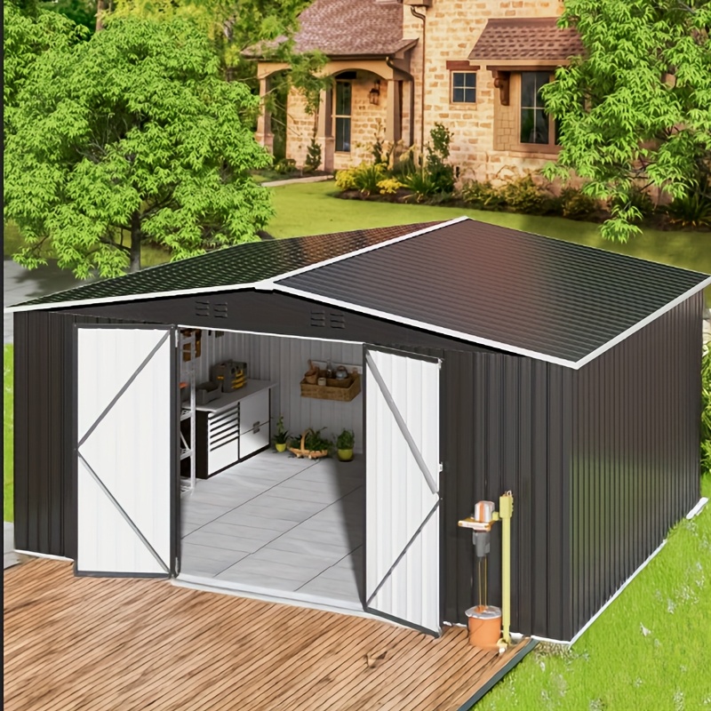 VIWAT 10x10~12x18FT 屋外金属保管庫 頑丈なフレーム小屋 ロック可能なドア付き 裏庭パティオグレード用の頑丈なツール小屋