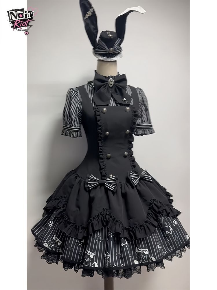 ゴシックストライプロリータドレスセット女性パフスリーブブラウスサスペンダードレスダークスウィートちょう結びレースレイヤードレトロサブカルチャー衣装