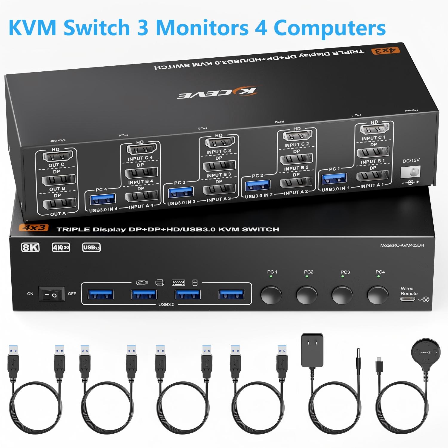 KVM スイッチ 3 モニター 2/3/4 コンピューター、USB 3.0 HDMI DisplayPort 8K@60Hz/4k@144Hz トリプルモニタースイッチ 2 PC 共有 4 USB 3.0