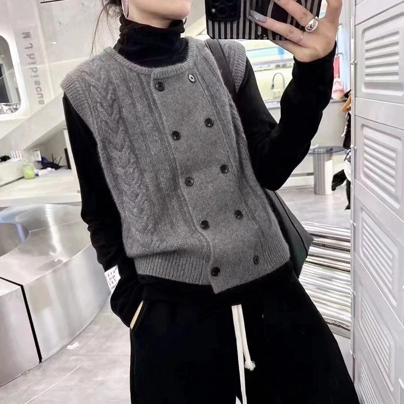 高級ツイストセーターベストカーディガン女性秋と冬のフレンチスタックニットベストノースリーブチョッキトップ肥厚