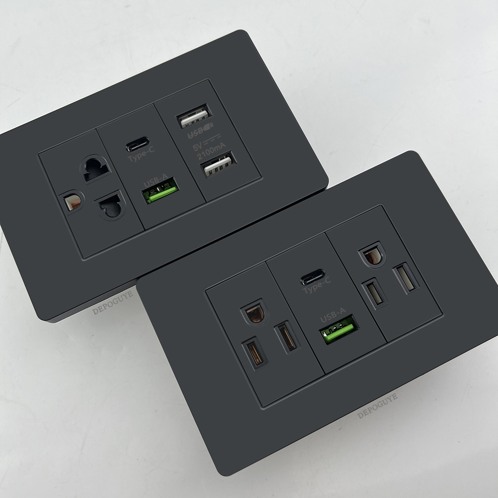 米国タイ標準デュアル USB 壁ソケットスマート Type-c 3A 急速充電、メキシコ黒プラスチック電灯スイッチパネル家庭用