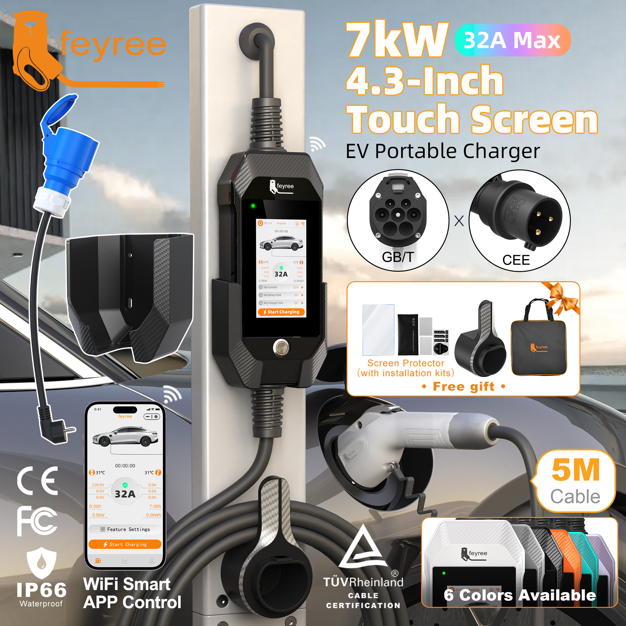 Feyree GB/T EV 充電器 7kW 32A 1P タッチスクリーン 4.3 インチスマート WIFI APP 制御 EVSE ポータブル充電ボックス電気自動車充電用