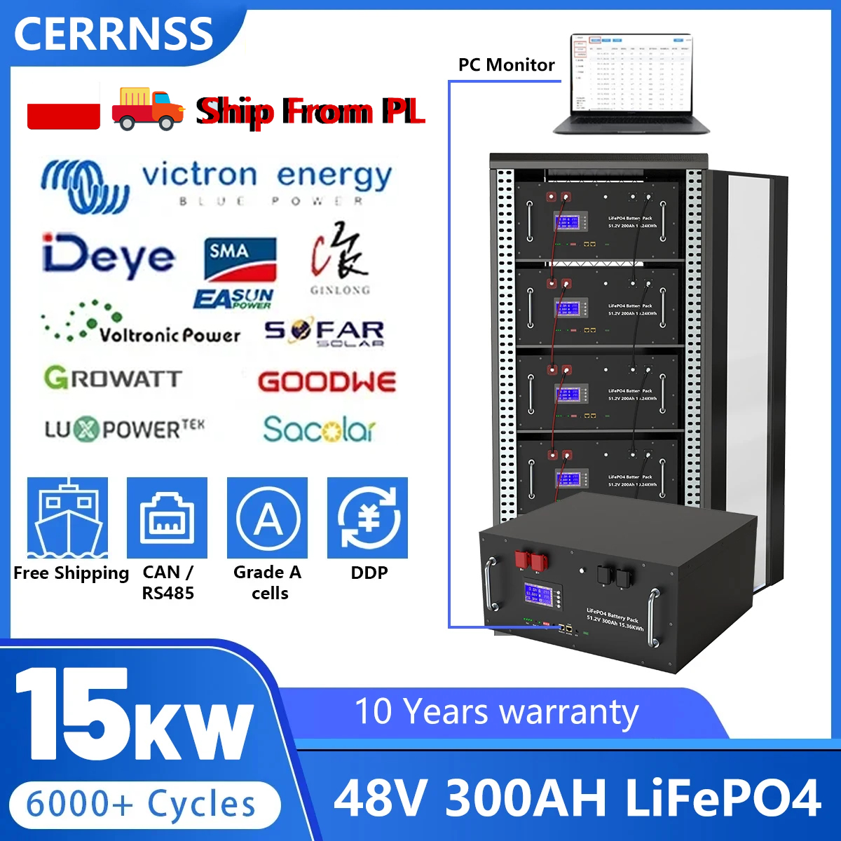 LiFePO4 48V 300AH 15Kwh バッテリー 51.2V 100AH 150AH 200AH リチウムソーラーホームバッテリー 6000 サイクル家庭用エネルギー貯蔵 EU 在庫