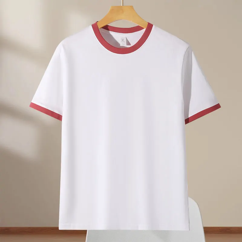 ヘビーウェイトピュアコットンクルーネックTシャツ春夏半袖コントラストカラーデザインルーズフィット肩幅Tシャツ