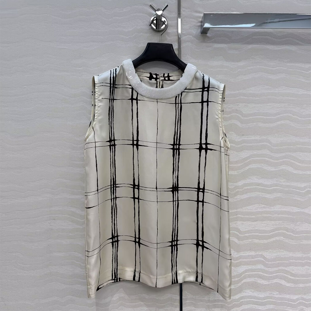 2026 New Fashion Summer Sequins Embroidery O-neck Sleeveless 100% Silk Tank Top Women Beige Plaid Pattern Sweet Chic Vest Tops