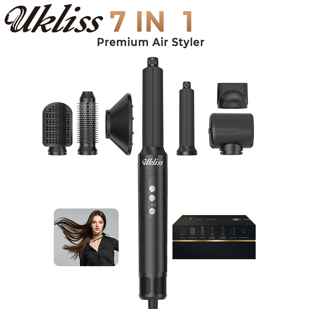 UKLISS ヘアドライヤー ブラシ 7 in 1、ヘアアイロン付きエアスタイラーセット、ラウンドブラシ、ストレートアイロン 女性用