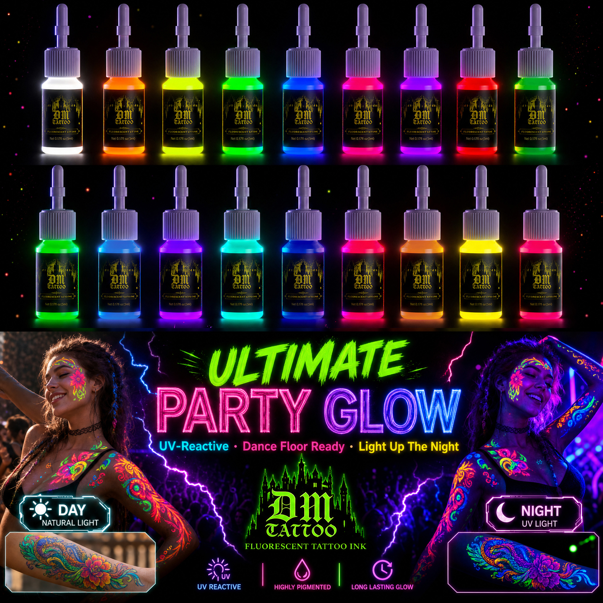DM 5 ミリリットル 18 色蛍光タトゥーインクキットプロフェッショナル美容塗料天然植物エキス顔料ボディペインティングタトゥーインク