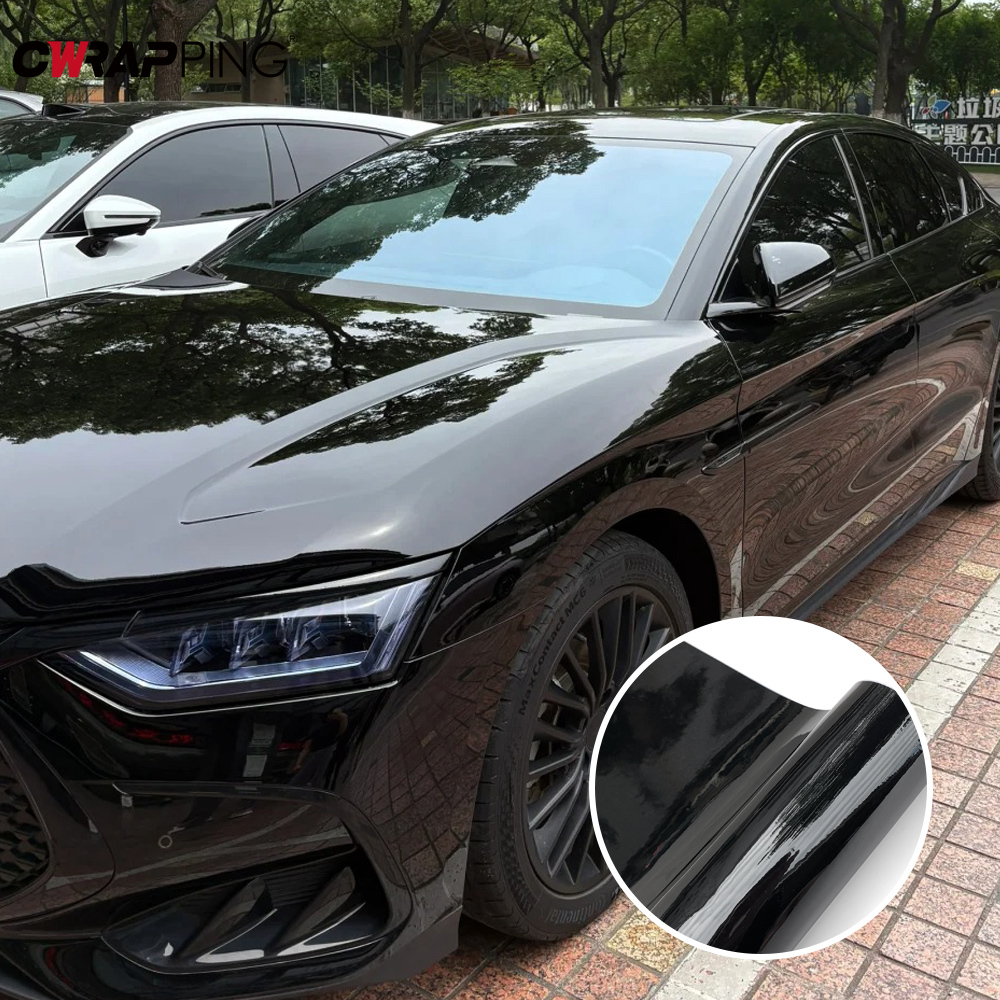 光沢のある黒のビニールラップ車のステッカービニールオートチューニングルーフフードドア保護フィルム DIY 光沢のある黒ラップ車両保護用