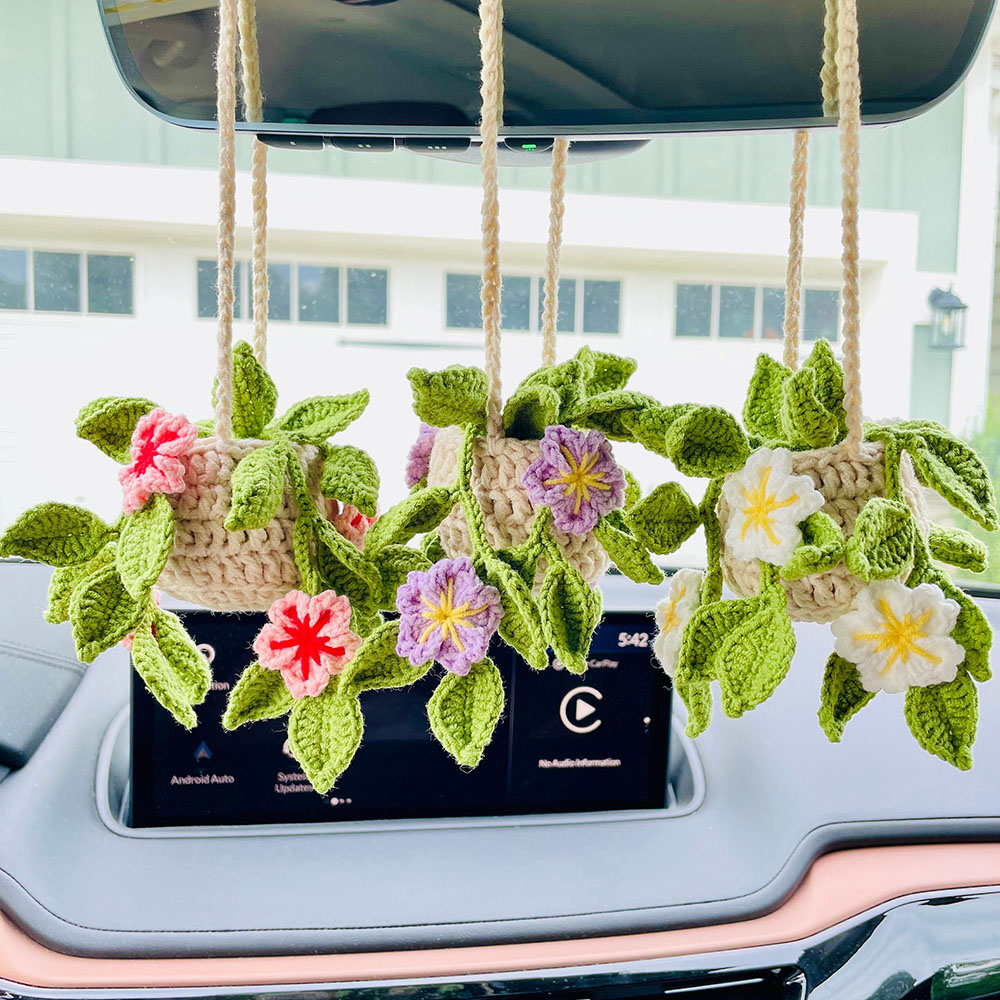 桜植物 車吊り下げかぎ針編みバスケット インテリア装飾、車の装飾品、バックミラー吊り下げアクセサリー