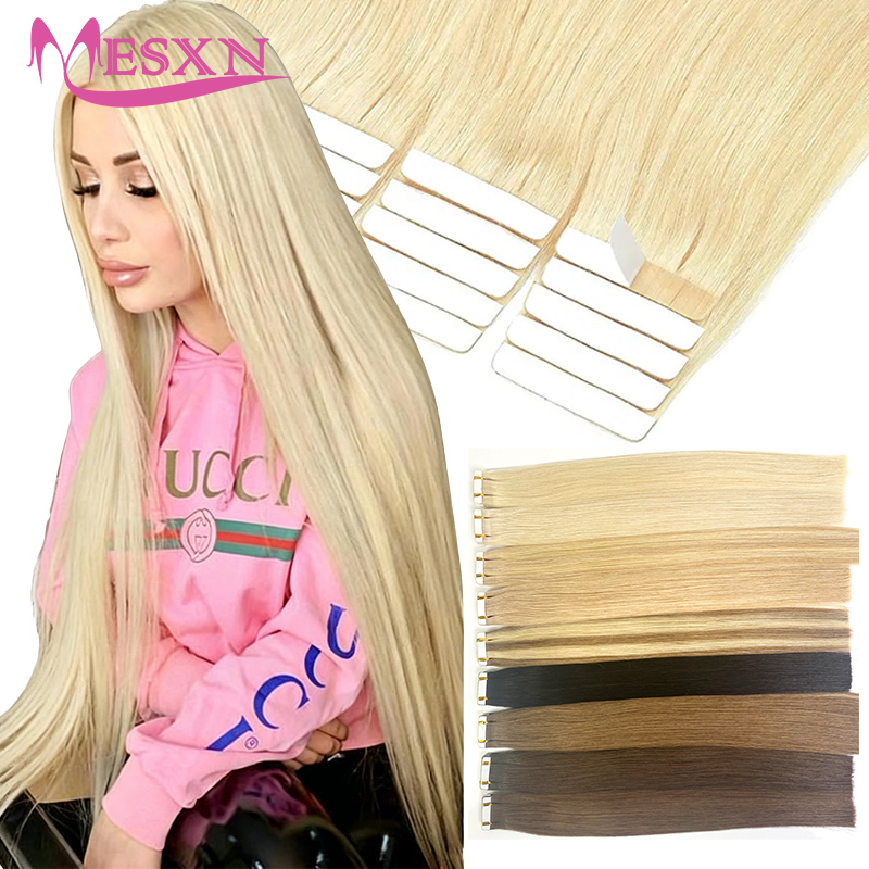 MESXN テープでヘアエクステンション 100% 本当に人毛エクステンション 16 "-24" ブラックブラウンブロンド目に見えないサロン用染料