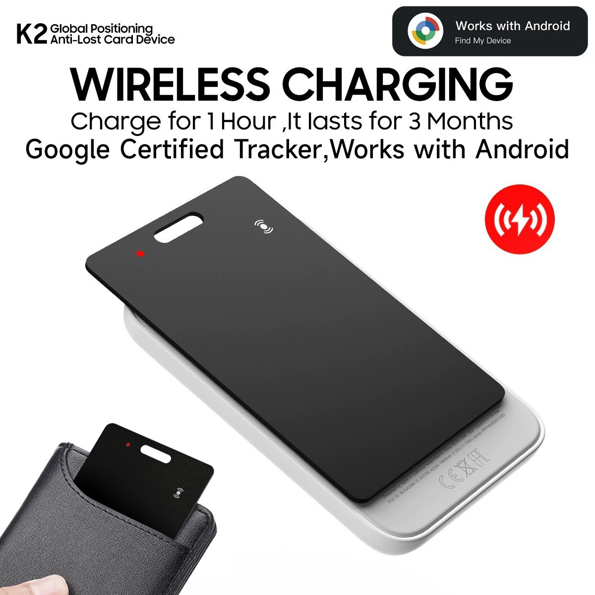 GPS Tracker for Android Phones, Wireless Charging Waterproof Location Finder, Wallet Tracker Card Compatible with Google Find My