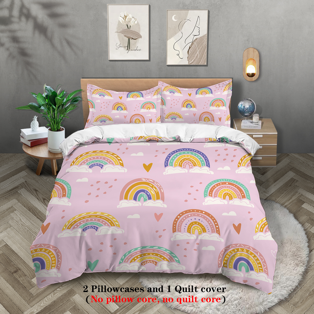 3-piece cartoon pink rainbow pattern print (1 duvet cover+2 pillowcases, no core) soft and comfortable bedding set