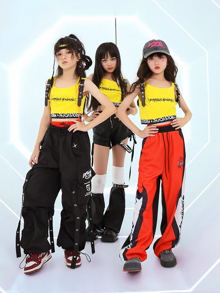 新しいジャズダンス衣装女の子黄色のベスト Tシャツパンツヒップホップパフォーマンス服男の子ドラムコンサートステージ衣装ストリート
