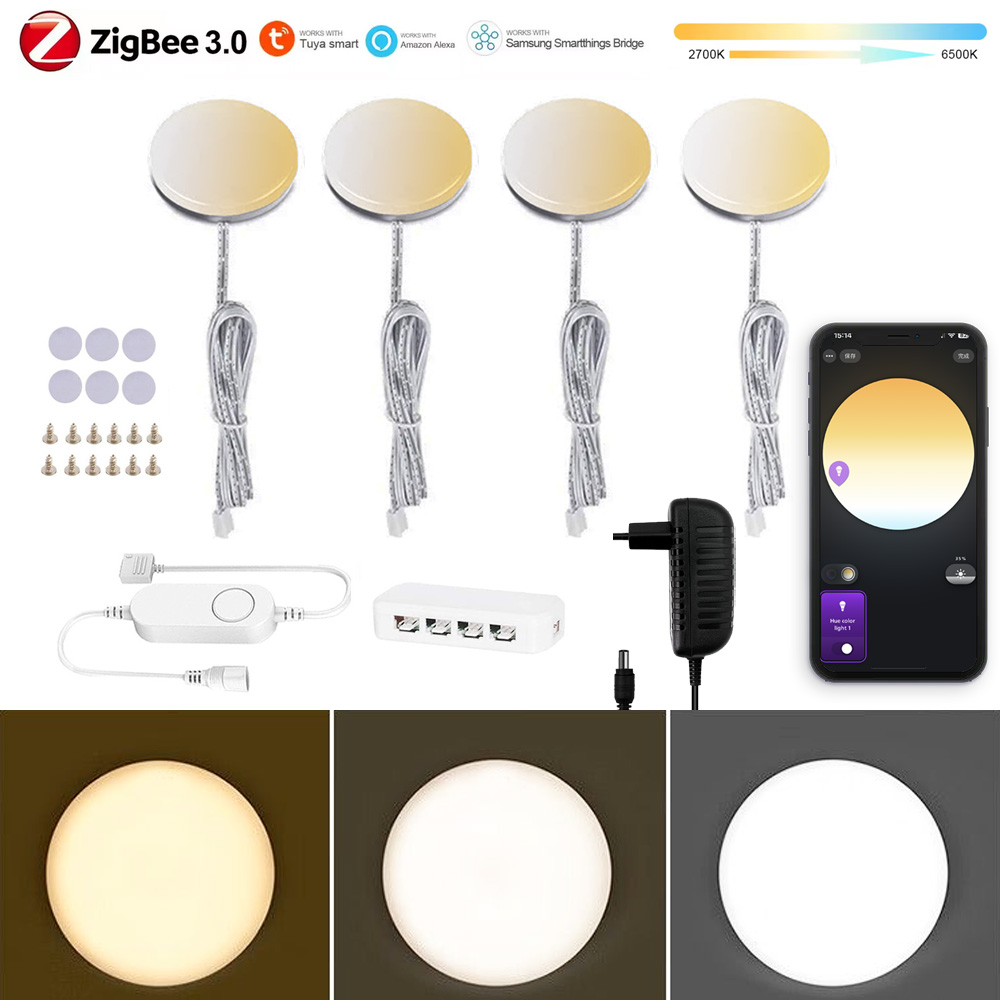 Zigbee 3.0ラウンドデュアルホワイトLEDアンダーキャビネットライトCCTカラー調光音声/アプリ制御ワードローブクローゼット寝室用Alexa Goo用