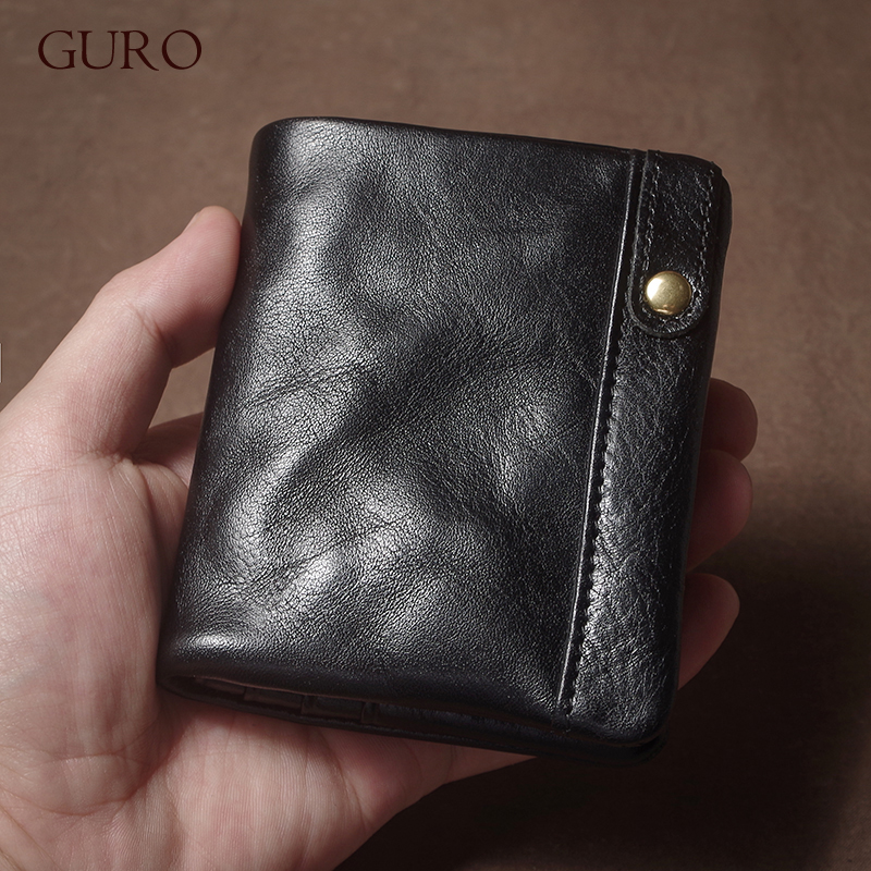GURO レトロ本革ショートウォレット男性と女性の二つ折りマネークリップクレジットカードホルダーとジッパーコインポケット小さな財布