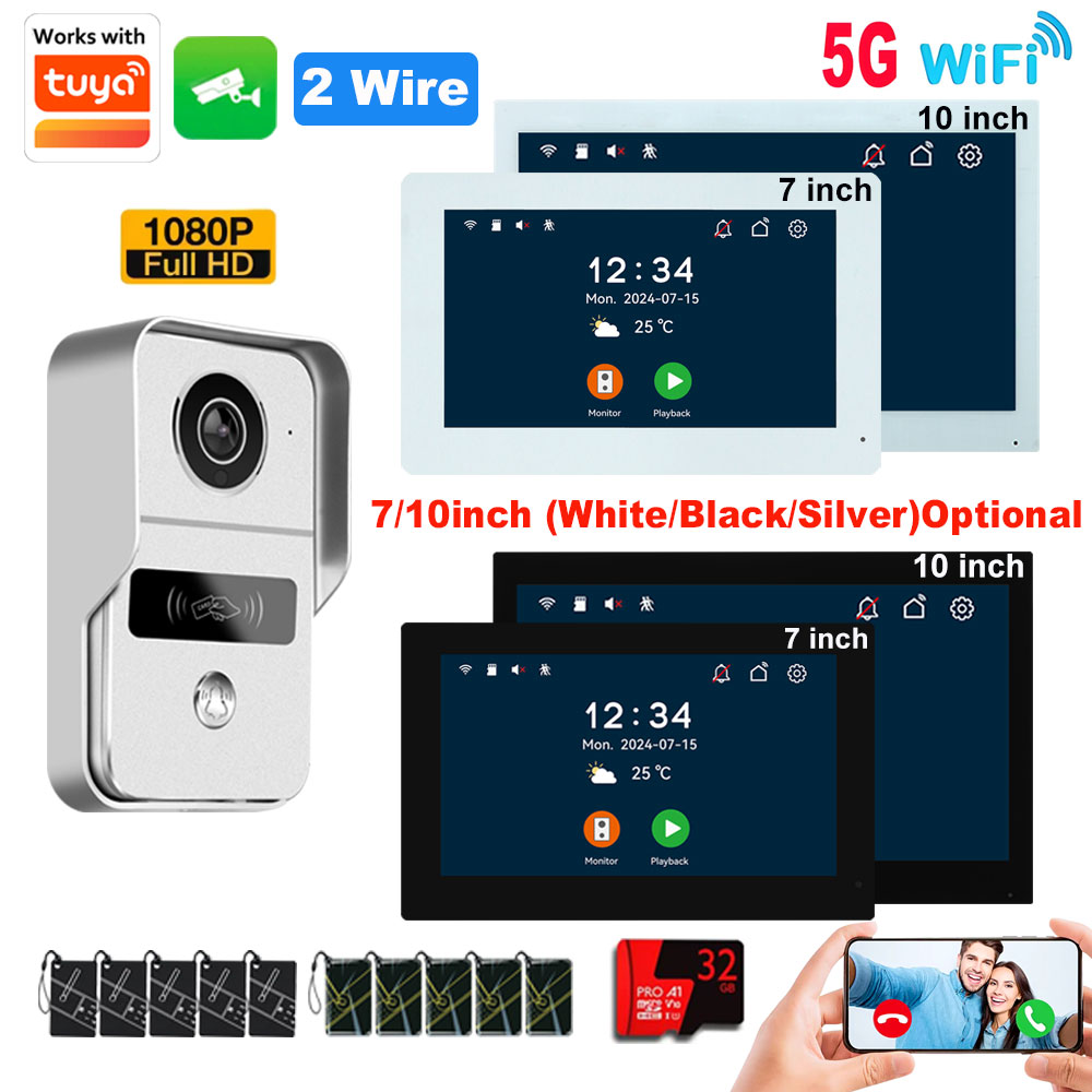 Tuya 1080P ワイヤレス 5G Wifi ビデオドアベル 2 ワイヤー 7/10 インチタッチスクリーンホームセキュリティインターホンシステム RFID アプリ NFC 5in1 ロック解除