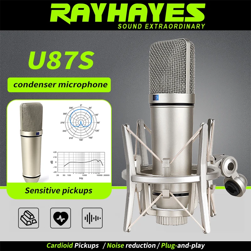 RAYHAYES U87S プロフェッショナルコンデンサーマイク カーディオイドピックアップパターン 衝撃吸収スタンド付き