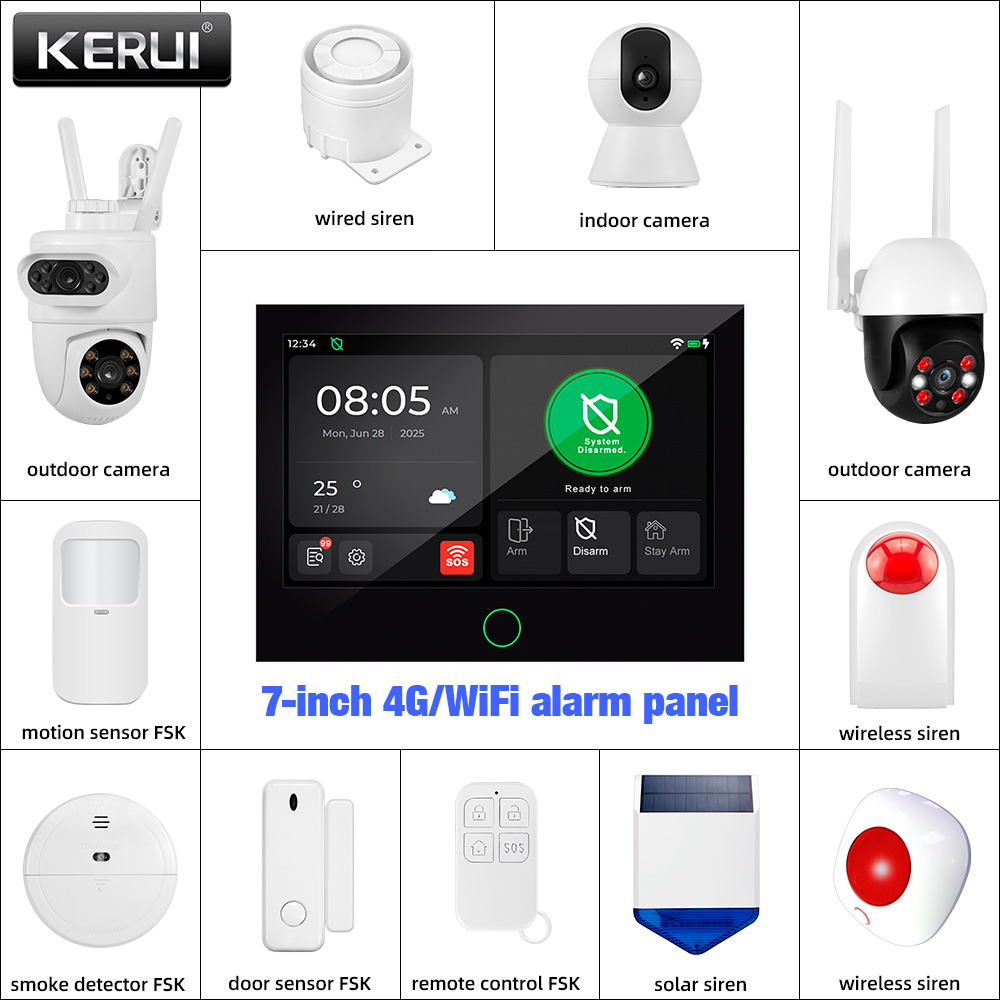 KERUI 4G/WiFi GSM ホームアラーム 7 インチ IPS 大型タッチスクリーンパネル付き Tuya ワイヤレスセキュリティ警報システム盗難と連携