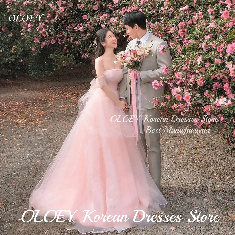 OLOEY フェアリーピンク A ライン チュール ウェディング ドレス オーガンザ ストラップレス 韓国 写真撮影 ショール ブライダル ドレス マキシレングス Customsied 2025