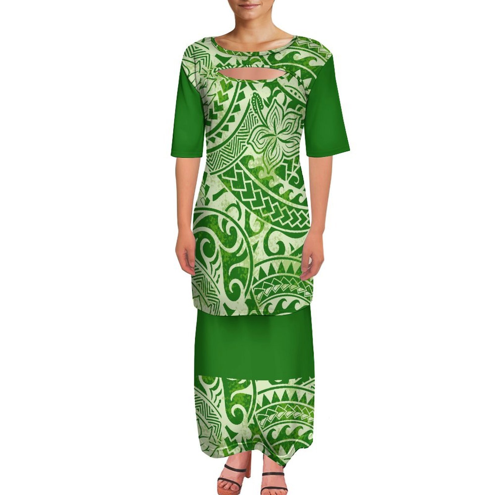 Two-Piece Round-Neck Open Design Polynesian Custom Women'S Dress With Skirt Summer Puletasi Two-Piece Elegant Party Dress