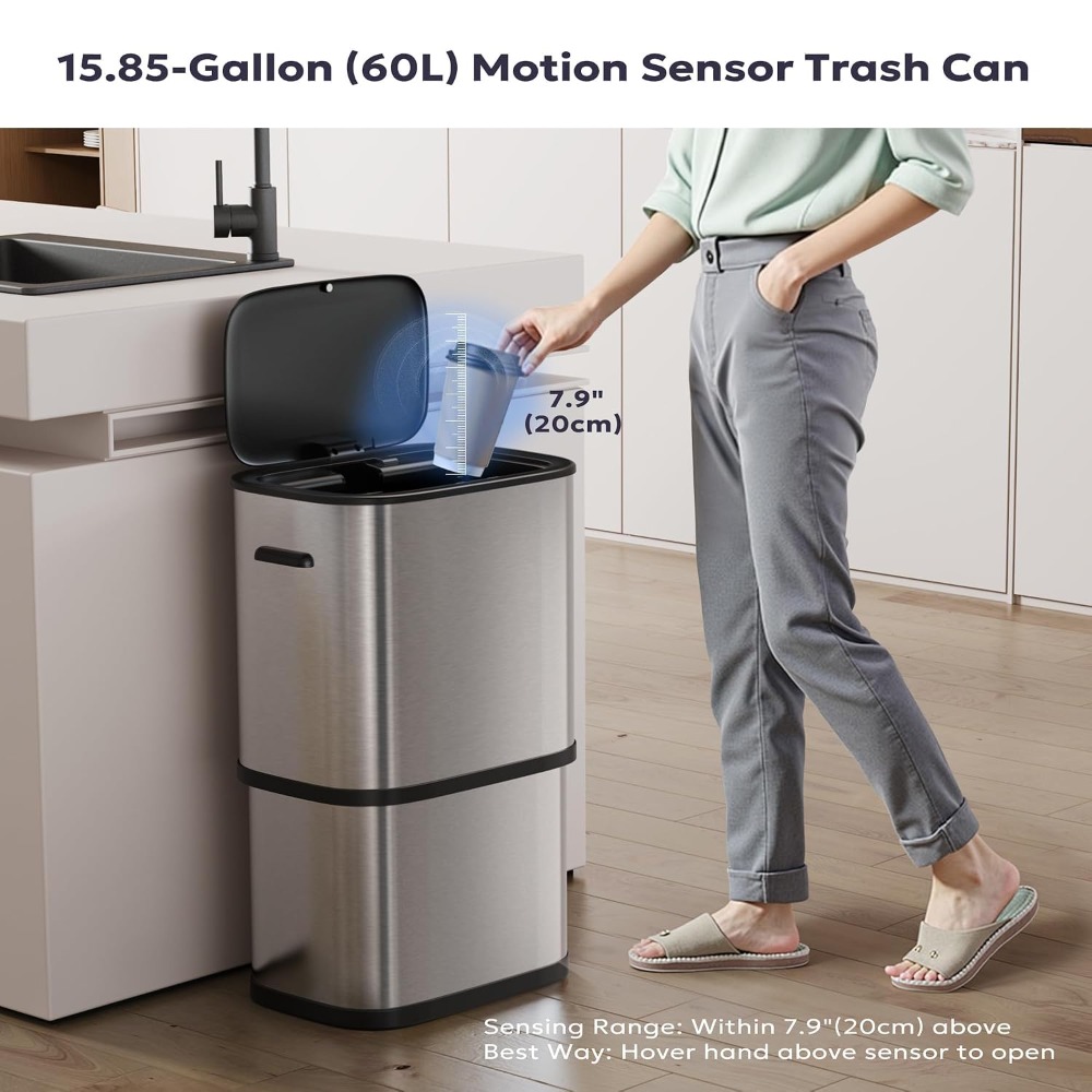 ステンレス製タッチレスゴミ箱、キッチン用モーションセンサー蓋、60L