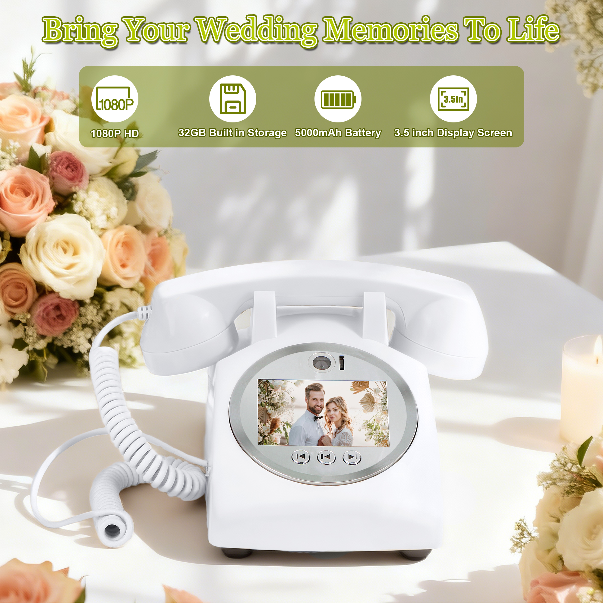 1080HD 結婚式ビデオ ゲストブック 電話パーティー ゲスト写真 ビデオ チェックイン記録 宴会祝福 音声およびビデオメッセージ 電話