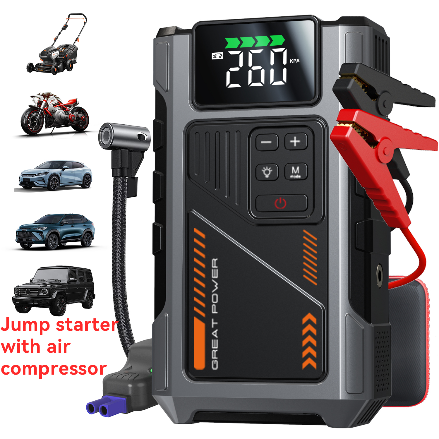 エアコンプレッサー付きポータブルカージャンプスターター、3000Aピーク(7.5Lガス、6.5Lディーゼル)、ジャンプスターターバッテリーパック150PSlタイヤInf付き