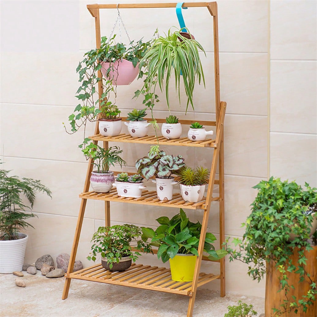 UNHO 3 段折りたたみ竹はしご植物スタンドフラワー収納棚ハンギングラック