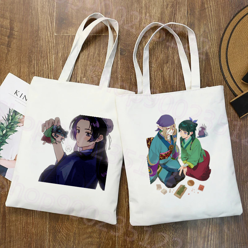 薬屋の日記ショッパーバッグアニメプリントキャンバスバッグ黒ショッピングバッグ女子学生かわいいショルダーバッグの装飾