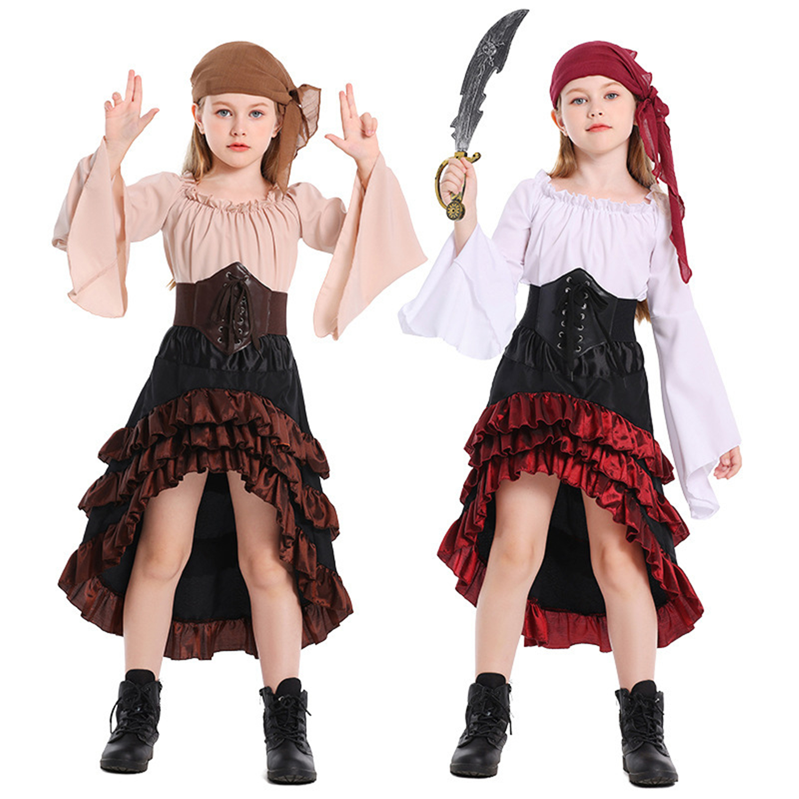 Girl Pirate Cosplay Costume Children Renaissance Medieval Pirate Outfit Shirt Skirt Scarf Belt Set Halloween Vintage Party