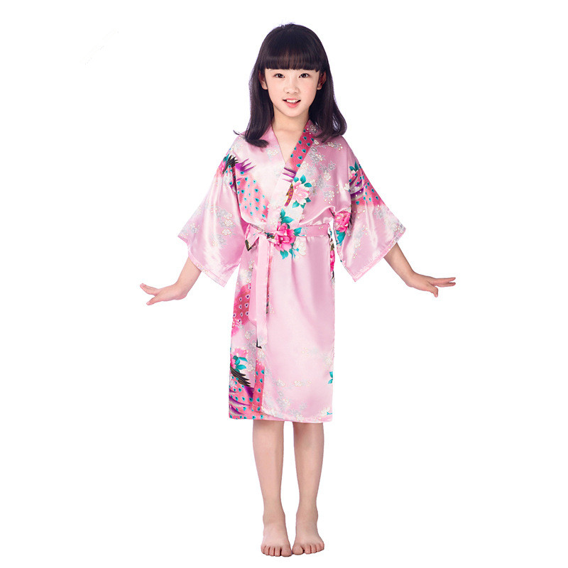 ピンク孔雀子供ローブサテン子供着物ローブ花嫁介添人フラワーガールドレスシルク子供のバスローブネグリジェローブ 2-14