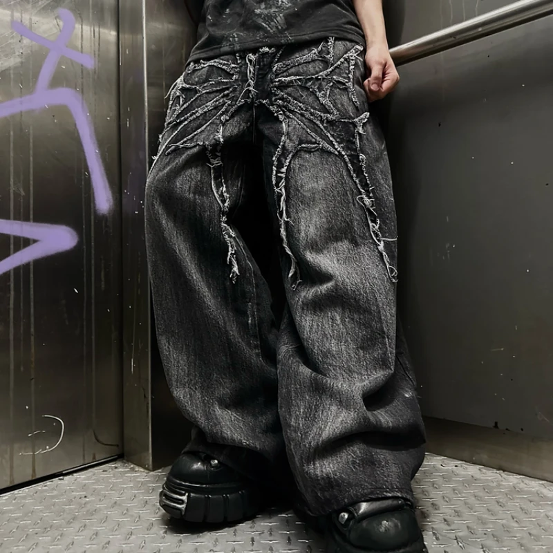 ゴシックレトロ特大だぶだぶフィットユニセックスモッピングパンツ Y2K ファントムジーンズハイストリートスパイダー刺繍パッチヒップホップストリート