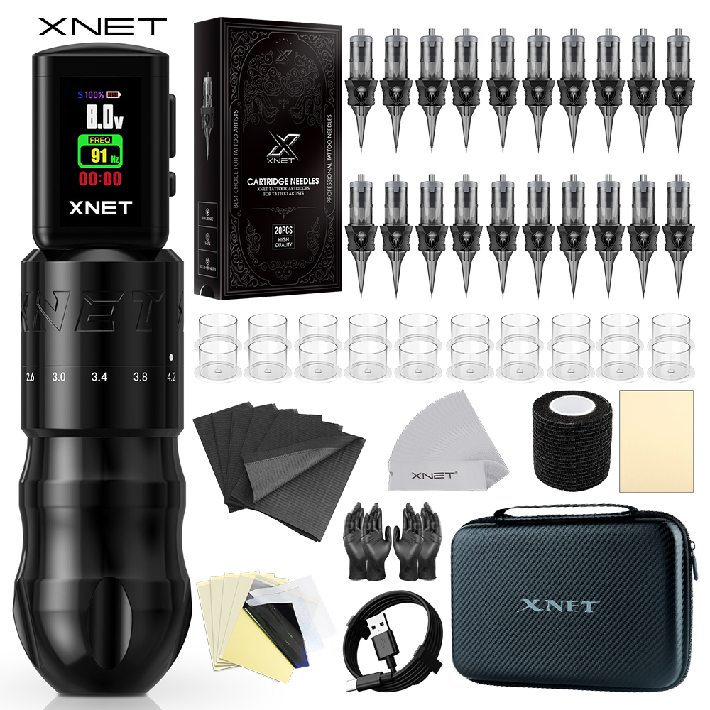 XNET T2 ロータリータトゥーペンキットワイヤレス RCA 電源 7 調整可能なストローク 20 個カートリッジメイクアップマシンタトゥーアート