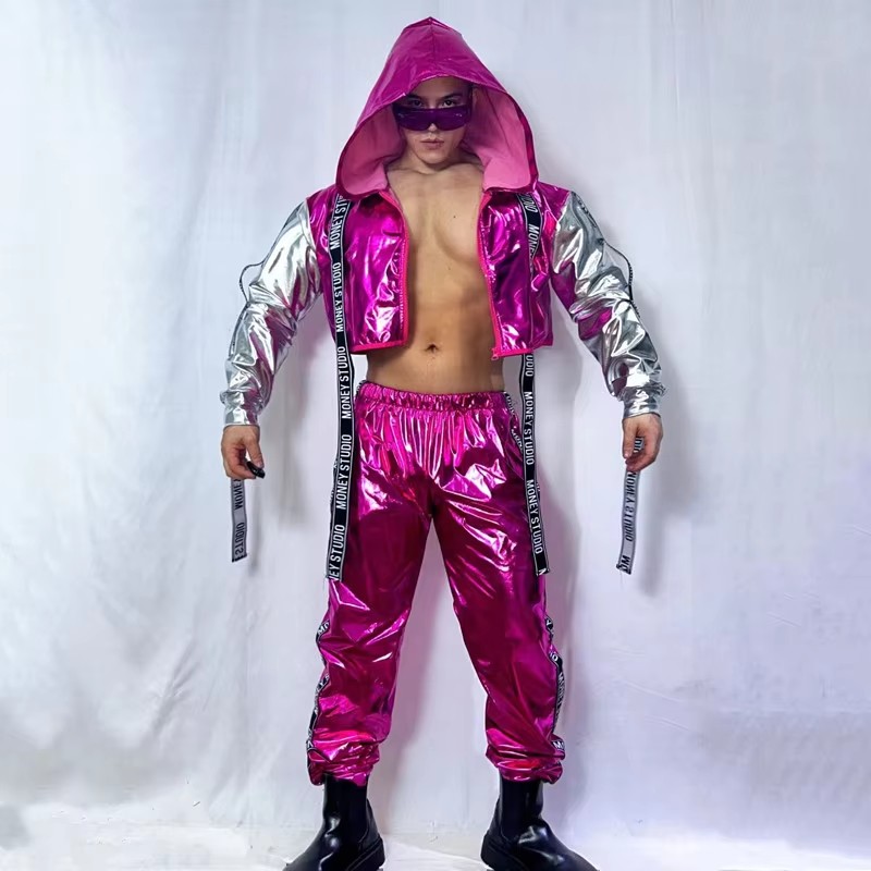 メンズストリートダンス衣装ヒップホップジャズレイブ衣装セットレザーフード付きジャケットとパンツ男性歌手グループ包帯レターテーマ