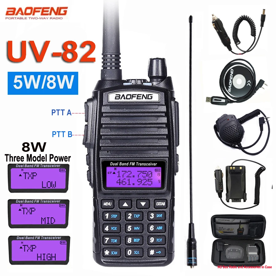 Baofeng UV 82 トランシーバー リアル 5 ワット 8 ワットアマチュア無線 Comunicador デュアル PTT 長距離 2 ウェイポータブル FM アマチュアラジオ局