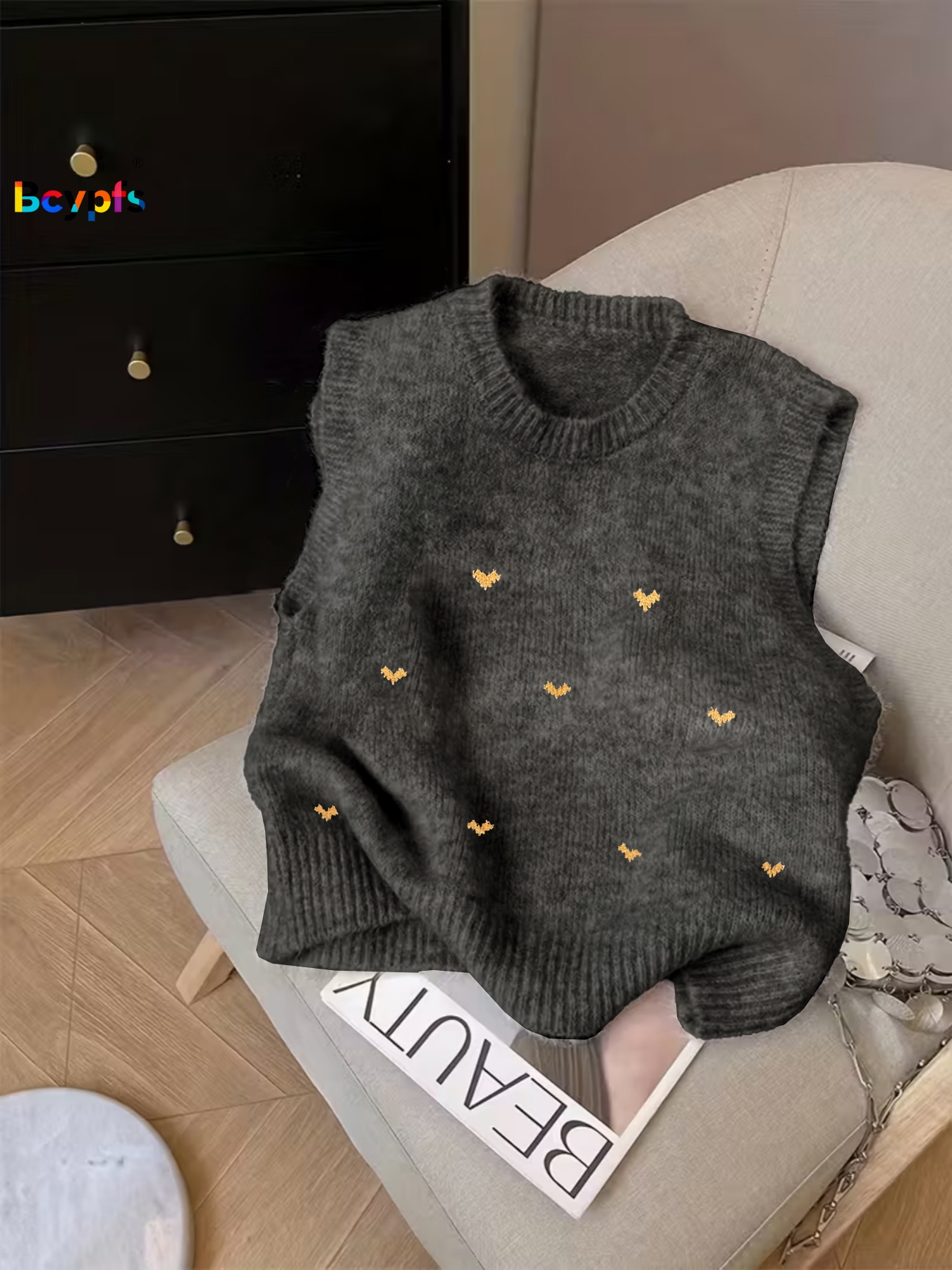 女性用 ダークグレー ニット ノースリーブ セーター ベスト かわいい 小さなハート刺繍 ルーズフィット 春秋 カジュアル 日常服