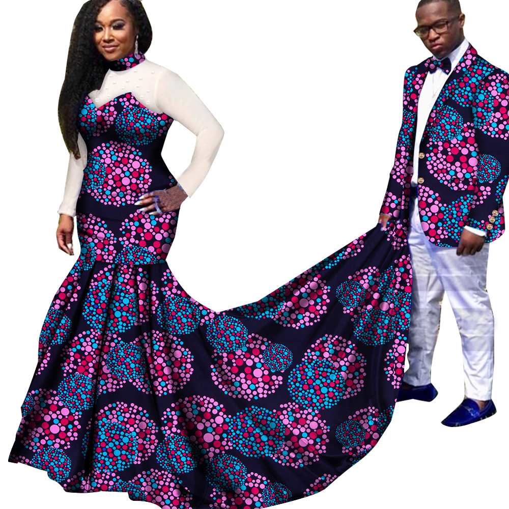 African Couple Clothes Peals Yarn Long Sleeve Dress for Women Riche Men Print Blazer Suits Traditional Party Wedding Clothing