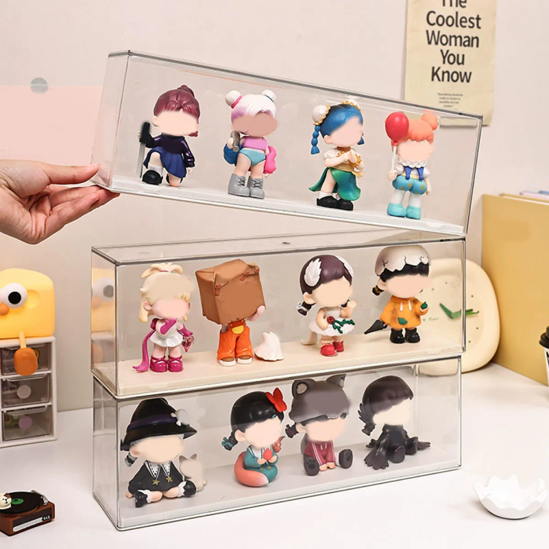 透明な人形ディスプレイキャビネット、グッズ用防塵収納ボックス、人形と人形のディスプレイラック、積み重ね可能な収納ボックス