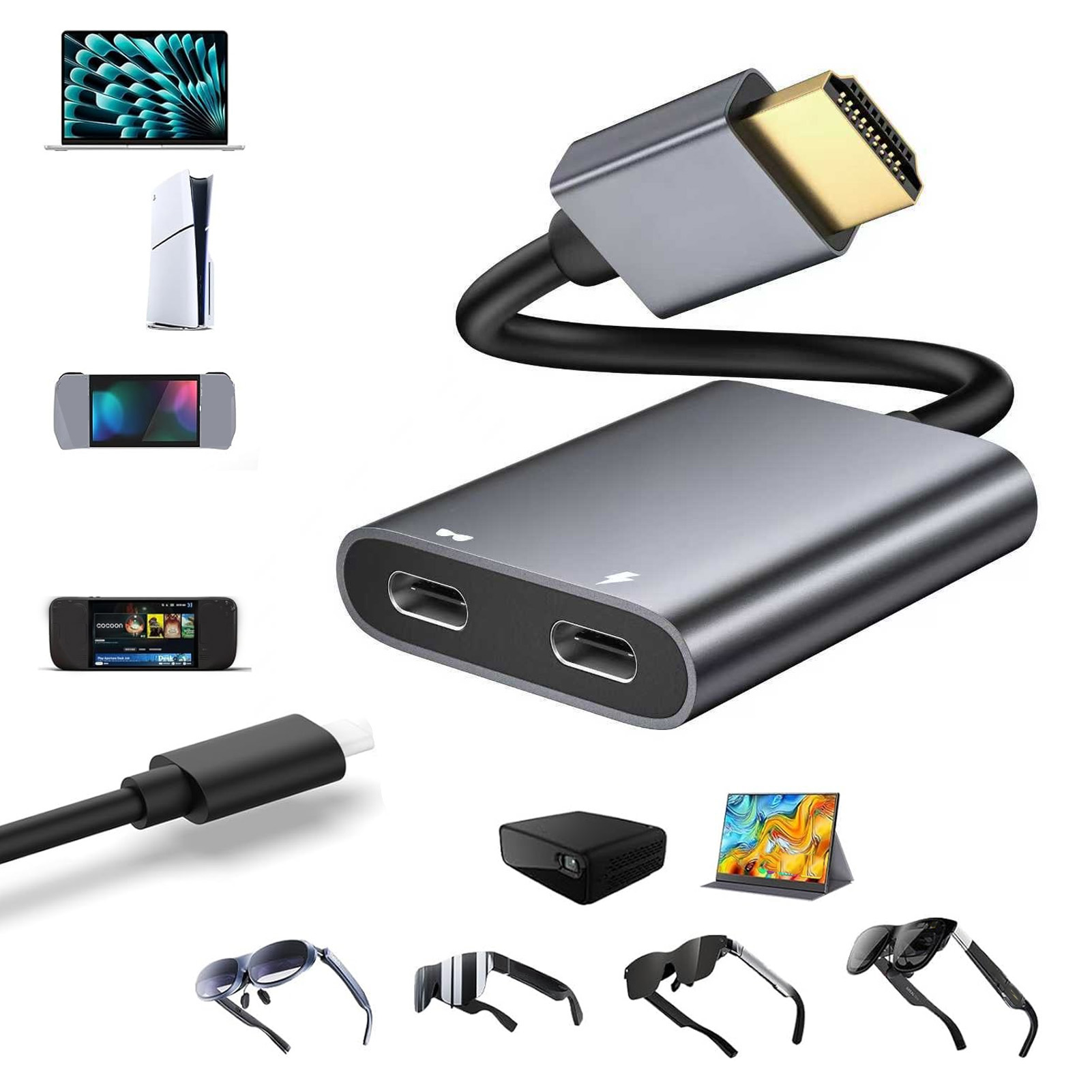 HD マルチメディア インターフェイス - USB C アダプタ RayNeo XR メガネ 4K 60Hz PD 100W AR メガネアダプタに適合、ラップトップ電話プラグと