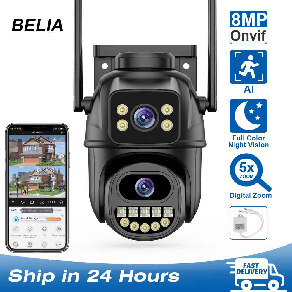 4K 8MP WiFi監視カメラ、デュアルレンズ、4Xデジタルズーム、AI人体検出、ONVIF、屋外セキュリティPTZ IPカメラ