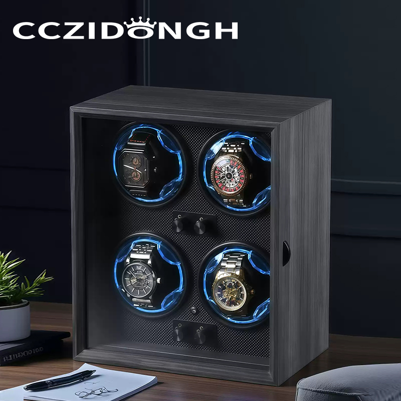 CCZIDONGH 木製自動時計ワインダー 2 4 スロット時計ケースマブチモーター時計キャビネット LED ライト時計収納時計ボックス