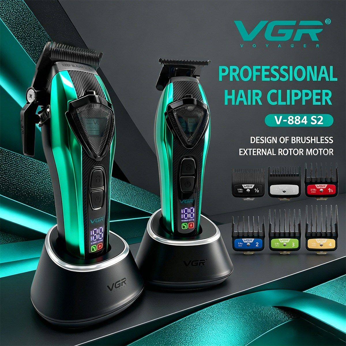 VGR トリマープロフェッショナルバリカン外部ローターモーターヘアカット機コードレス理髪 LED ライトトリマー男性用 V-884