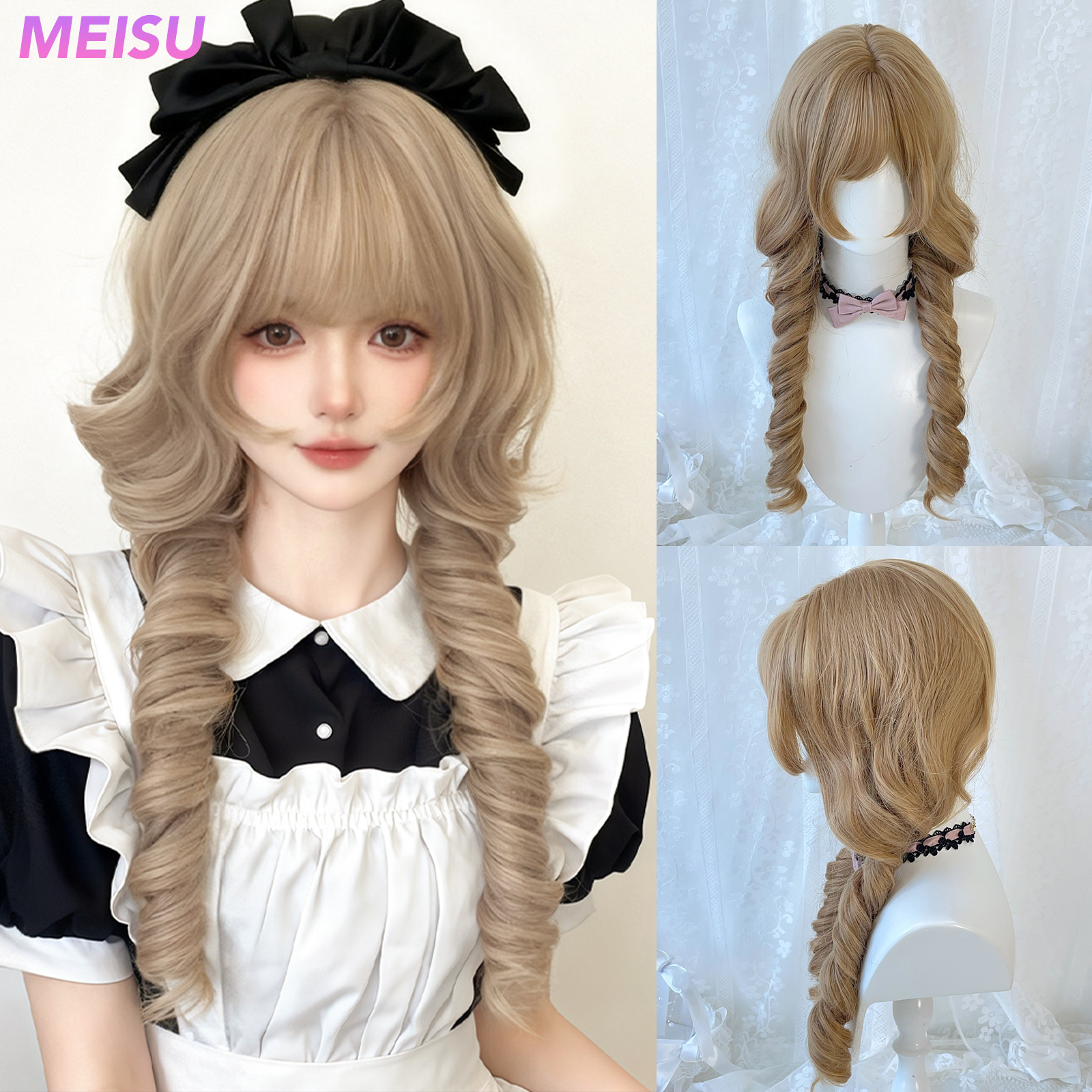 MEISU 24 インチ 2 ポニーテールロリータ前髪ウィッグブロンド合成繊維耐熱ナチュラルとスムーズコスプレパーティー Selfie 女性