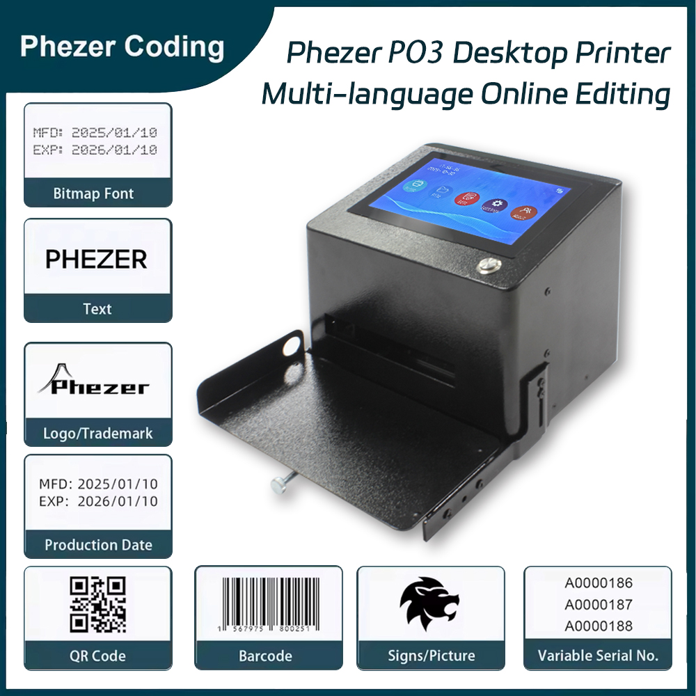 HP Phezer PO3 デスクトップインクジェットプリンター用 2025年製 新型 12.7mm/25.4mm QRバー バッチコード 日付番号 ロゴ 有効期限 ポータブルオフィス