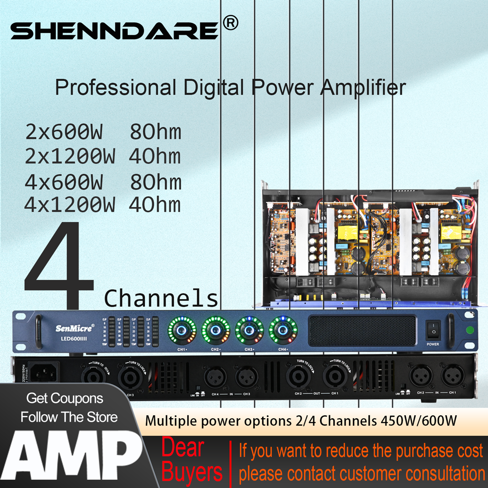 SenMicre LED600 4X600W 8Ohm プロフェッショナルデジタルパワーアンプ 4 チャンネルサウンドアンプ DJ サブウーファーアンプ 4X1200W 4Ohm クラス D