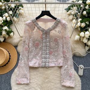 高級レディースファッション　刺繍・スパンコール・花柄シフォンフレンチシャツ